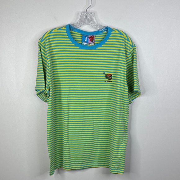 Forever 21 Shirt Mens Large Blue Yellow Loteria Don Clemente La Sandia Striped - Picture 1 of 5
